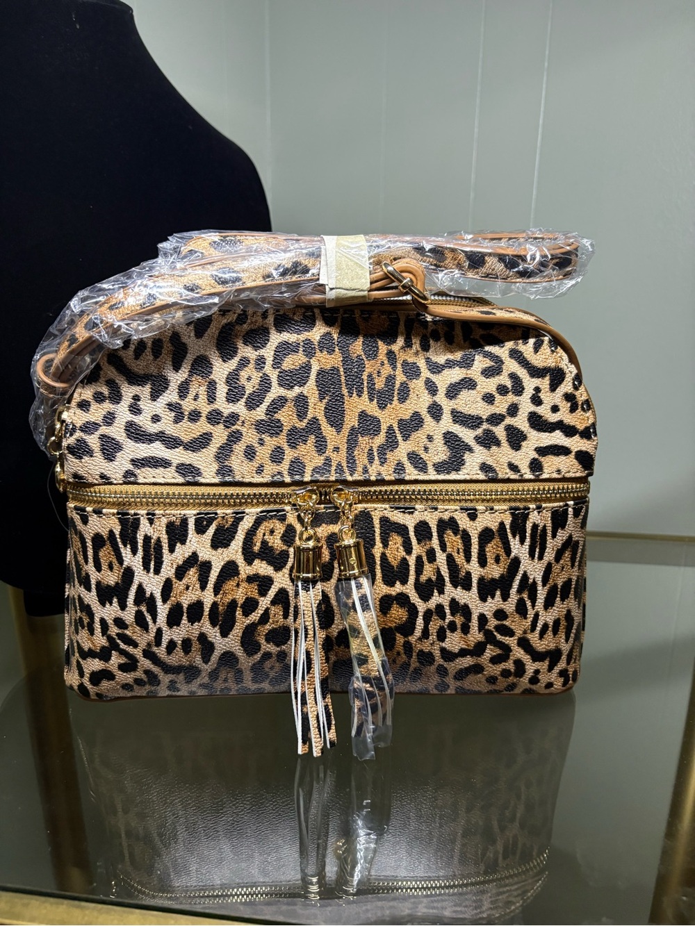 Leopard Print Crossbody Shoulder Bag with Tassel Zippers - Tan/Black